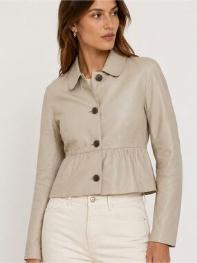 Hugo Boss Beige Calfskin Leather Peplum Jacket | Luxe Neutral Leather Blazer